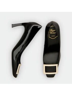$975 Roger Vivier Black Trompette Buckle Patent Leather Heels Pumps size 38